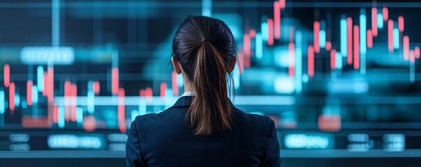 Poster - Businesswoman watching a falling interest rate graph with concern, financial market visualization