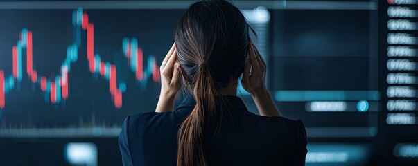 Poster - Businesswoman watching a falling interest rate graph with concern, financial market visualization