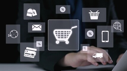 Poster - business person integrates omni-channel strategies, enhancing online shopping and marketing reach. d