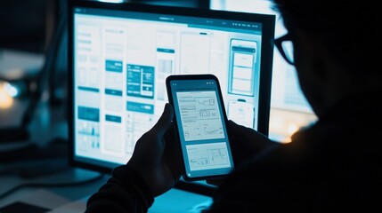 A user interface designer working on a mobile app prototype, with wireframes and layouts displayed on a screen.