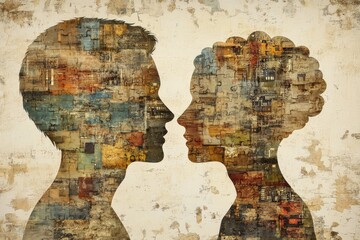 Wall Mural - Textured profiles of two women facing each other symbolizing the interaction between human identity memory and cognition through neural networks and artificial intelligence