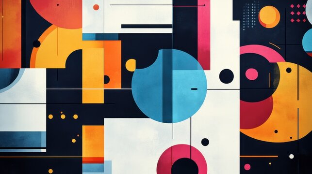 A vector-based poster design featuring abstract geometric shapes in bold colors, displayed on a digital screen.