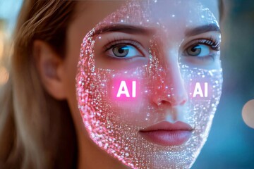 Sticker - Portrait of a woman with glowing AI symbols on her skin symbolizing augmented reality human cognition and the integration of artificial intelligence into everyday life