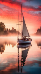 Sailing boat gracefully gliding on calm water during vibrant sunset with colorful reflections