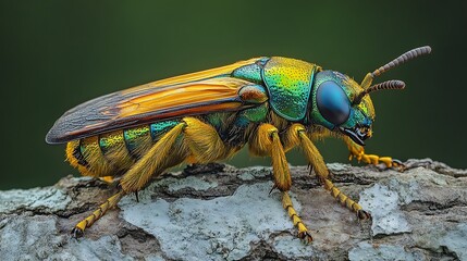 Wall Mural - A vibrant green, blue, and yellow beetle sits on a tree branch with a green background.