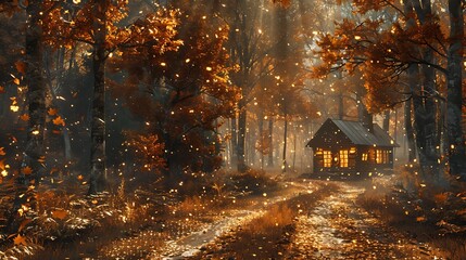 A Thanksgiving journey through a tranquil autumn forest, with golden leaves falling gently along the road, a distant cabin glowing in the evening light, ready to welcome for a holiday meal 