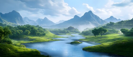 Scenic landscape featuring flowing river, lush greenery, and majestic mountains under a bright blue sky with fluffy clouds.