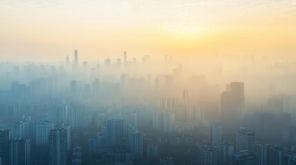 Overheated cityscape with a hazy, smog-filled sky and heatwaves distorting the buildings