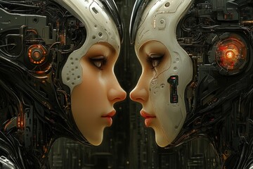 Canvas Print - Two humanoid figures with metallic faces and neural circuitry symbolizing the merging of human cognition and artificial intelligence in a futuristic cybernetic context