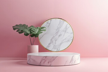 Wall Mural - Sophisticated White Marble Product Podium with Pink Setting – 3D Rendering