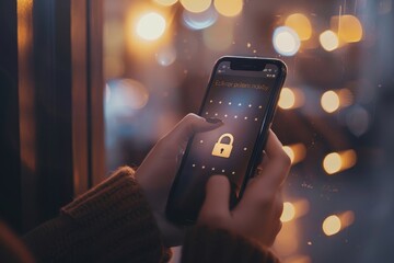 Poster - Hand holding a smartphone with a lock icon on the screen, symbolizing mobile security, data protection, and digital privacy in a connected world.
