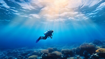 A diver explores vibrant coral reefs, illuminated by sunlight filtering through the clear ocean waters, showcasing marine beauty.