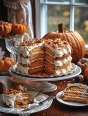 Poster - An old-fashioned pumpkin layered cake with layers and frosting, in a glass dish on a table with pumpkins, a plate with a slice of shortcake next to it. Generative AI.