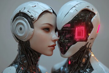 Wall Mural - A humanoid robot and a woman facing each other with neural circuitry symbolizing the connection between human emotion and artificial intelligence in a future tech driven society