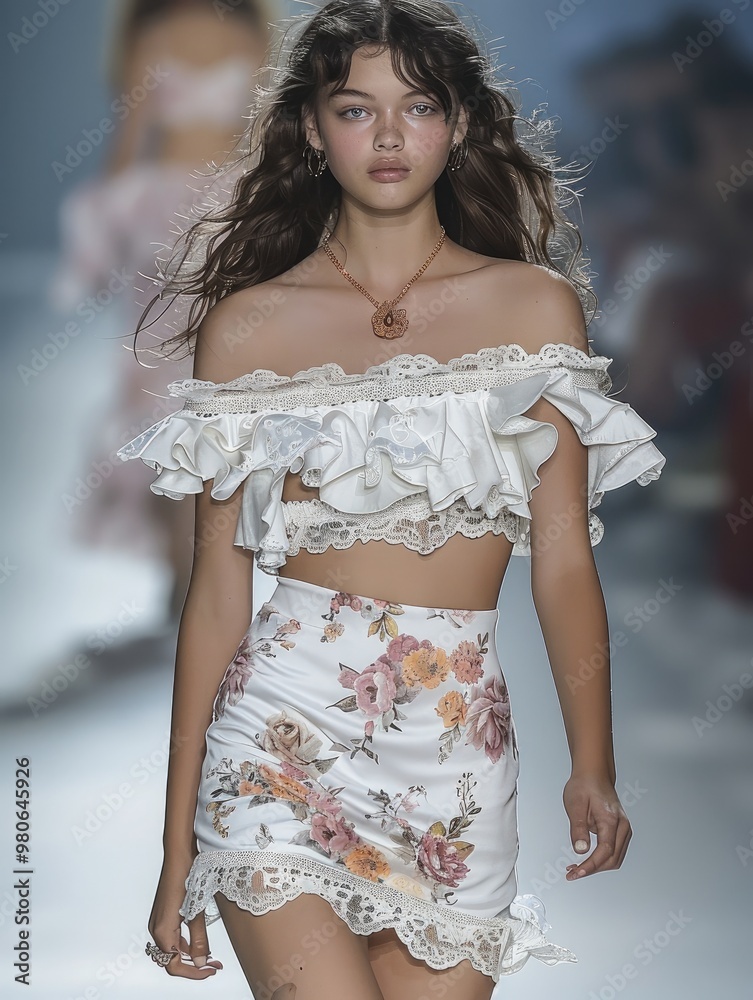 Young woman wearing a white lace floral-print dress with puffed sleeves ...