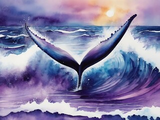 Wall Mural - Whale tail emerging from watercolor waves with shades of blue and purple