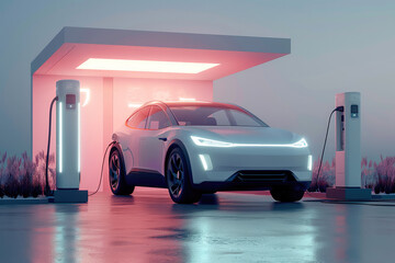 Poster - New energy vehicles and charging stations, isolated and minimalist background. Generative AI.