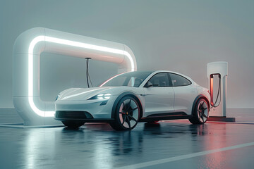 Poster - New energy vehicles and charging stations, isolated and minimalist background. Generative AI.