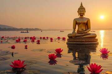 Wall Mural - A statue of Buddha is sitting on a lotus flower in a pond. The pond is surrounded by pink flowers and the sky is a beautiful orange color. The scene is peaceful and serene