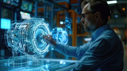 Fototapete - An engineer is using augmented reality technology to display a holographic image of an airplane engine on the table in front of him, showcasing its complex structure and details. Generative AI.