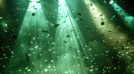Poster - Confetti flying, green spotlights in the background. Generative AI.