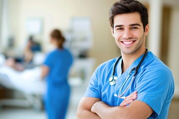 A confident male nurse smiles in a hospital environment, showcasing dedication and compassion in healthcare settings.