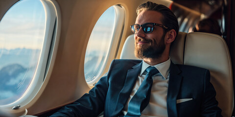 Handsome businessman relaxing while traveling in private jet plane