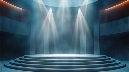 Aufkleber - A circular empty stage, centrally elevated, with six spotlights shining down on the stage, an open space, lighting. Generative AI.
