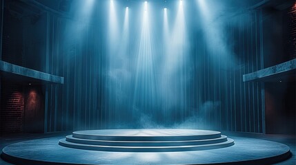 Aufkleber - A circular empty stage, centrally elevated, with six spotlights shining down on the stage, an open space, lighting. Generative AI.