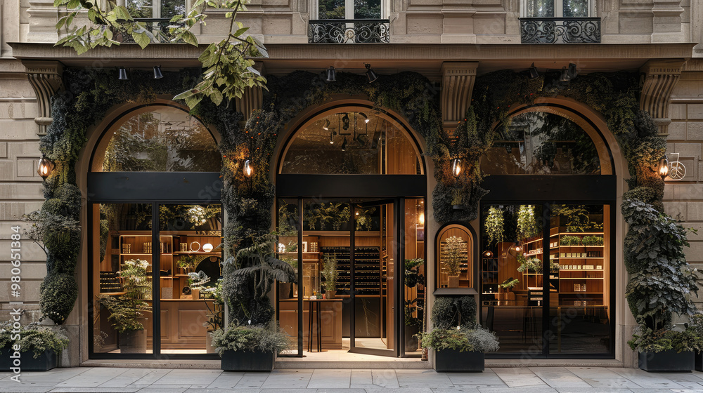 Front view of a luxurious vintage-inspired pop-up store for a plant ...