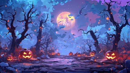 Spooky haunted forest scene with full moon and carved pumpkin jack o' lanterns