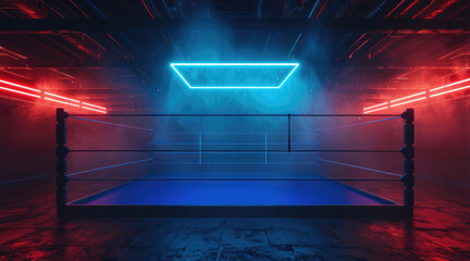 Aufkleber - A boxing ring with blue and red lights, dark environment. Generative AI.
