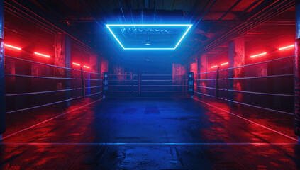 Aufkleber - A boxing ring with blue and red lights, dark environment. Generative AI.