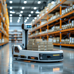 Poster - Low-profile robot loader with a flat, wide design, similar to a pallet mover, without a mechanical arm, carrying stacked boxes, in a warehouse exhibition setting. Generative AI.