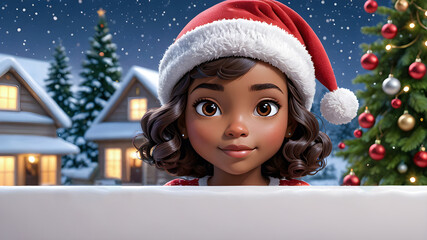 Wall Mural - Close up portrait of a happy African American teenage girl with a Christmas tree in the background on Christmas Eve. Black girl with afro curls hairstyle