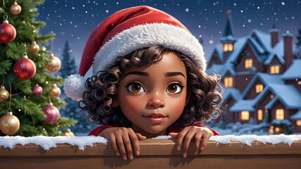 Wall Mural - Close up portrait of a happy African American teenage girl with a Christmas tree in the background on Christmas Eve. Black girl with afro curls hairstyle