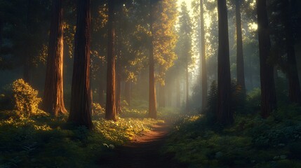 Wall Mural - Sunbeams Illuminating a Path Through a Dense Redwood Forest