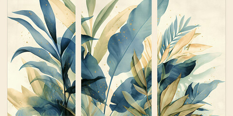 Poster - Three paintings, the paintings are abstract, the paintings have leaves, the leaves are green and blue, and the leaves have gold spots