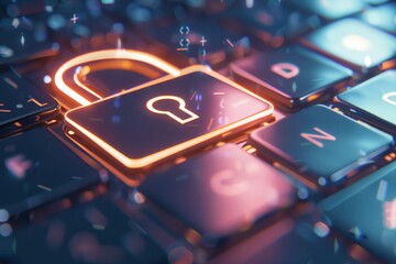 Fototapete - Digital lock icon glowing on a keyboard, representing cybersecurity, encryption, and data protection in a virtual technology environment.