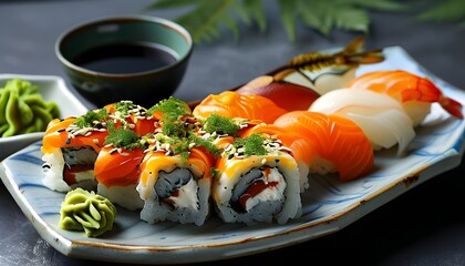 Savoring the Art of Sushi and Sashimi with Soy Sauce and Wasabi in Traditional Japanese Cuisine