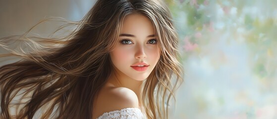 a captivating portrait of a young woman with flowing hair, glowing skin, and a soft expression, embo