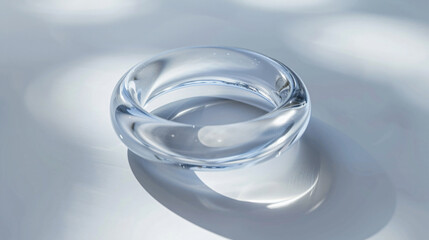 Poster - transparent glass ring, smooth and round, reflecting light on the surface, with a white background and light shining on the ring