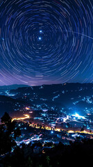 Poster - Starry sky at night, star trails forming a circle, blue background, mountain silhouette, lights at the foot of the mountain