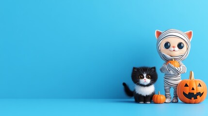 A playful Halloween scene featuring a cat doll, black cat, and pumpkin against a bright blue background.