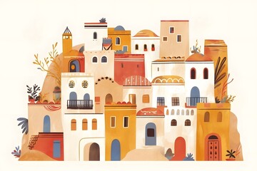 Arabic town illustration. Watercolor sketch of stylish arabian town. 