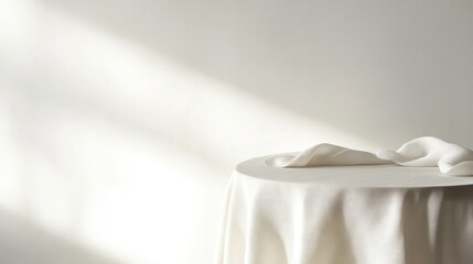 Wall Mural - A simple tablecloth spread over a table, shot against a white background, showing natural fabric folds and flow.