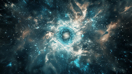 Poster - Nebula surrounds a black circle, the nebula appears blue and white, with a dark universe in the background