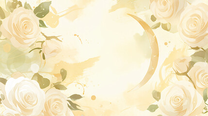 Poster - White rose flower in watercolor style with golden crescent and water drops around it