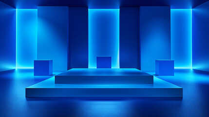 Poster - A blue room with a three-level staircase, a blue cube on the staircase, and a blue light on the wall