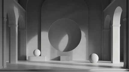 Poster - White room with two round columns in the room, a round arch in the middle and a beam of light on the wall